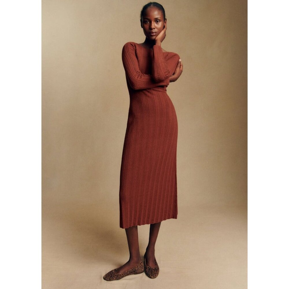 NWT Sezane Honorine in Brick Wool Blend Cable Knit Midi Sweater Dress XS